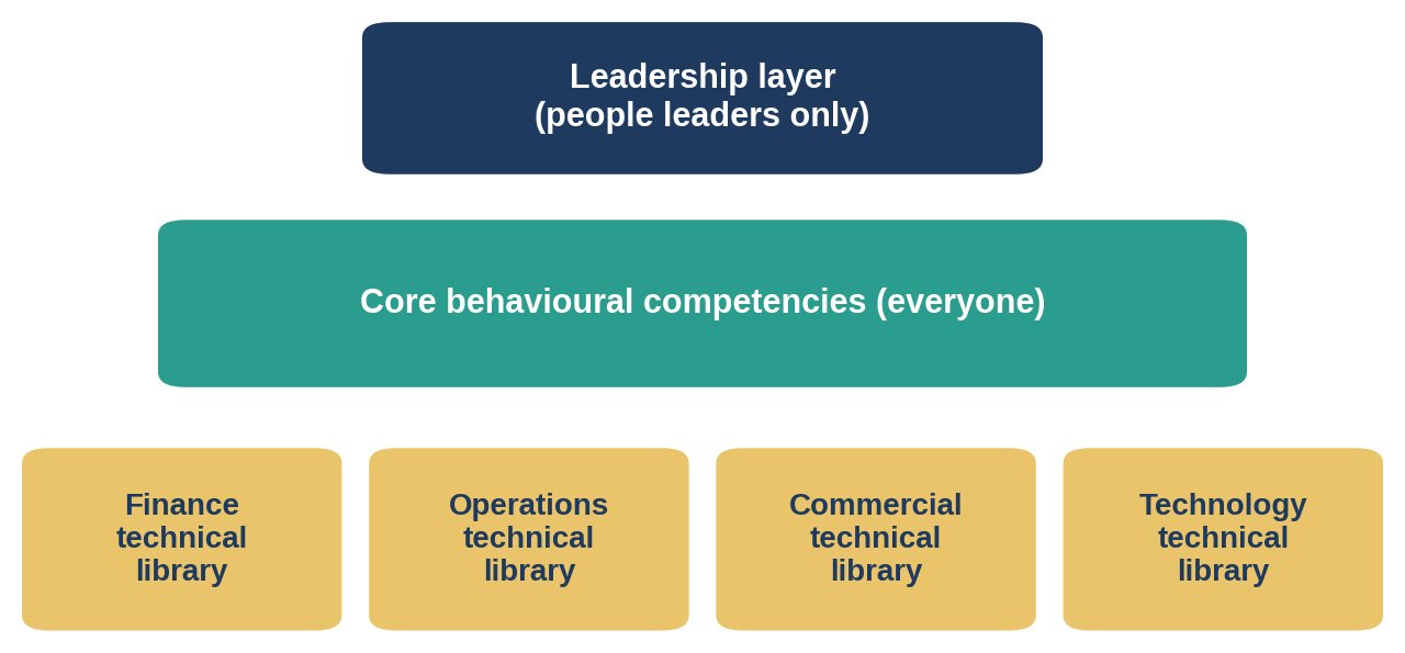 One common structure: core behaviours for all, a leadership layer, and technical libraries by function