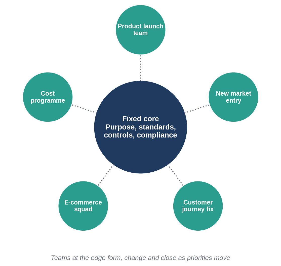 A stable core of standards and controls, with teams at the edge that form and close as priorities change