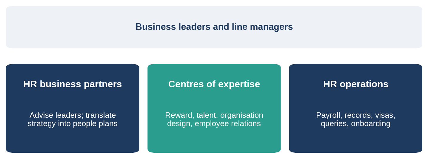 Three types of HR work; in smaller organisations one person may cover more than one